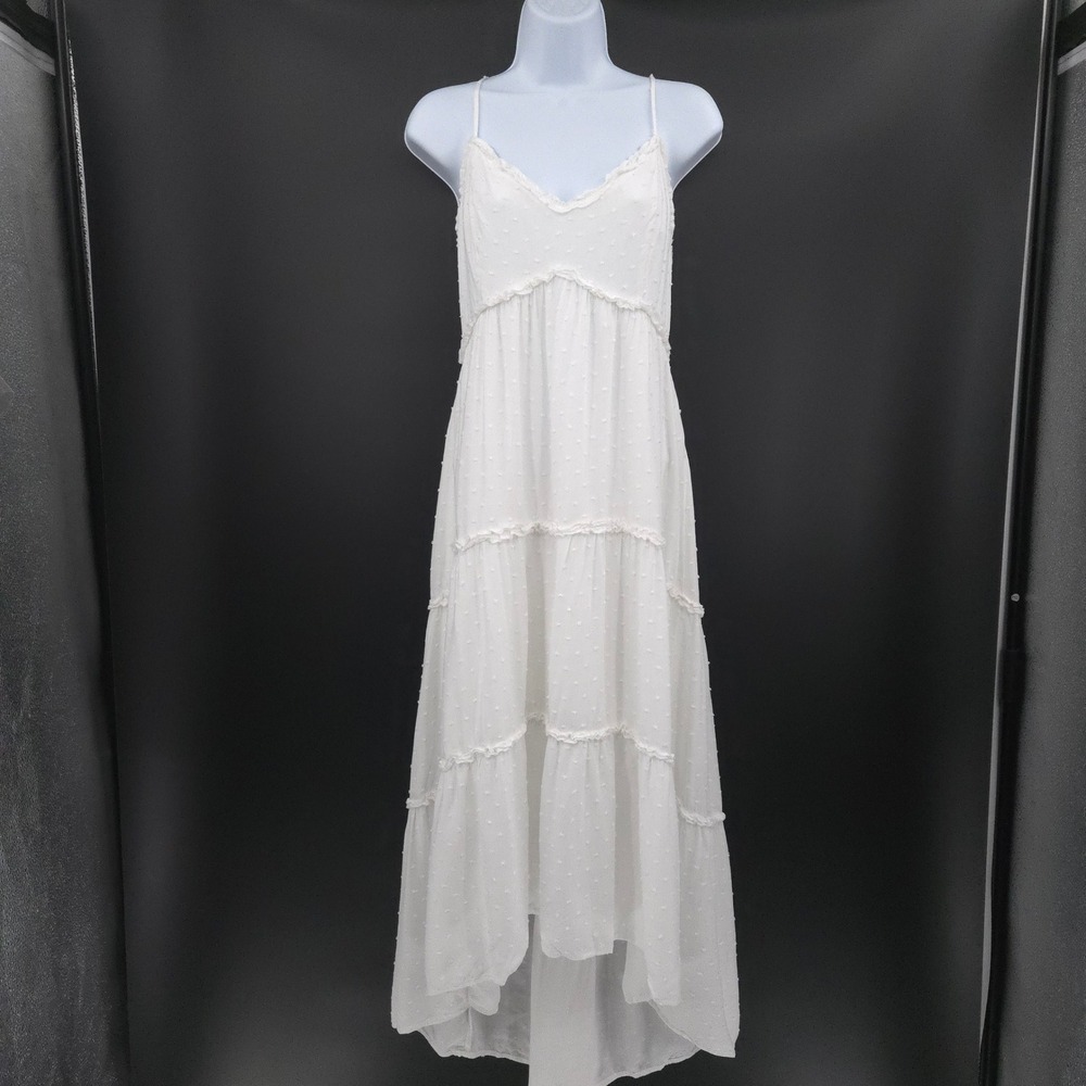 Hollister Maxi Dress Womens Medium White Swiss Dot Tiered High Low Boho Summer